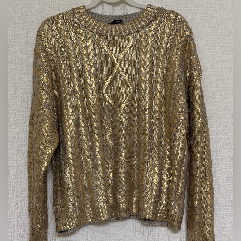Mango Metallic Gold Cable Knit Crewneck Sweater Size L